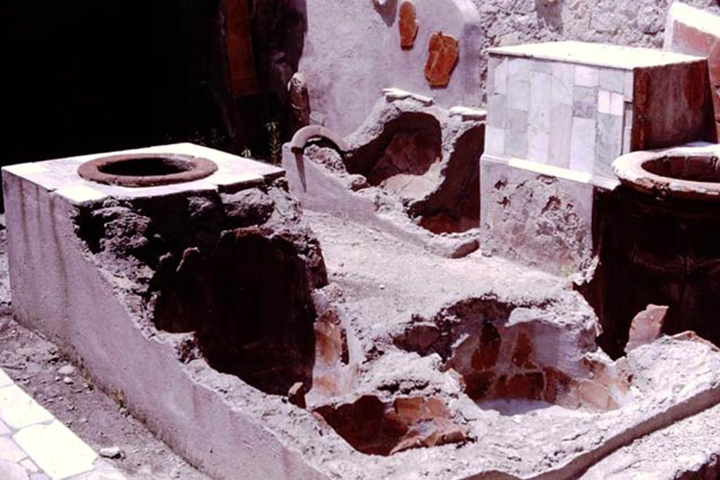 Ins. VI 19, Herculaneum, 1964. Looking across remains of dolia in counter. Photo by Stanley A. Jashemski.
Source: The Wilhelmina and Stanley A. Jashemski archive in the University of Maryland Library, Special Collections (See collection page) and made available under the Creative Commons Attribution-Non Commercial License v.4. See Licence and use details. J64f1154